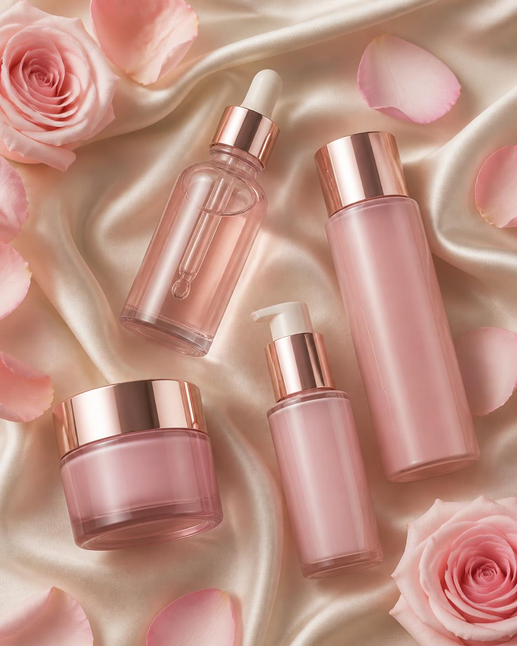 Pink skincare bottles arranged on cream silk with rose petals