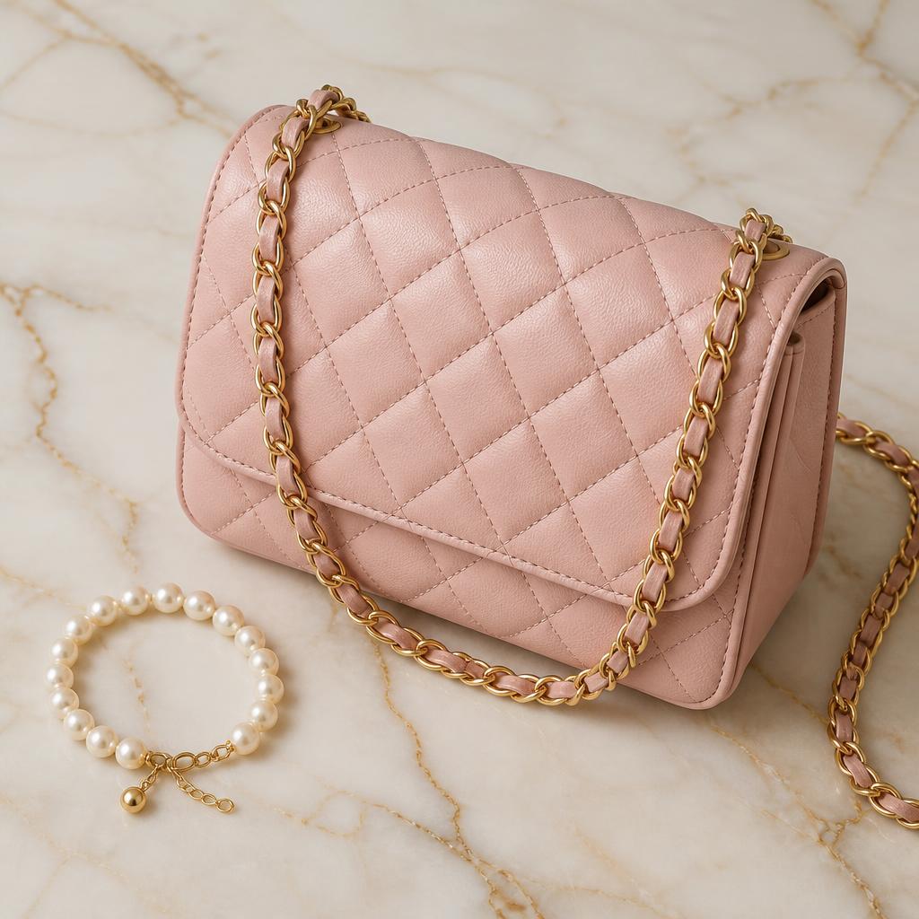Blush quilted handbag with a gold chain beside a pearl bracelet